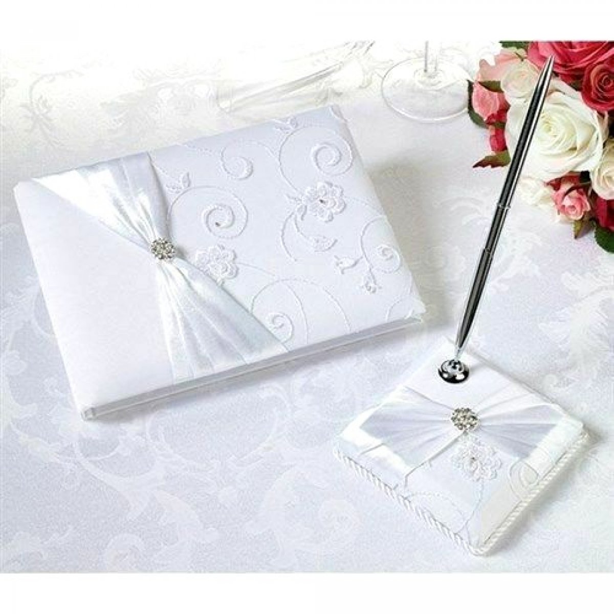 Livre d''or mariage satiné blanc stylo & porte stylo
