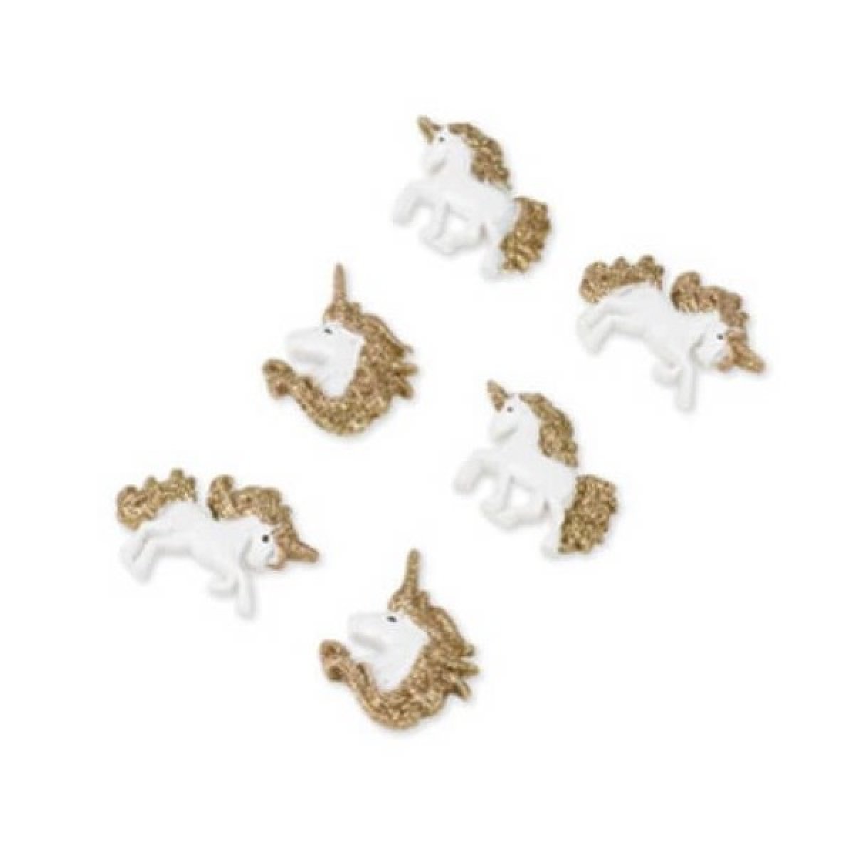 Licornes blanches en résine adhésives et paillettes dorées x 6 pièces
