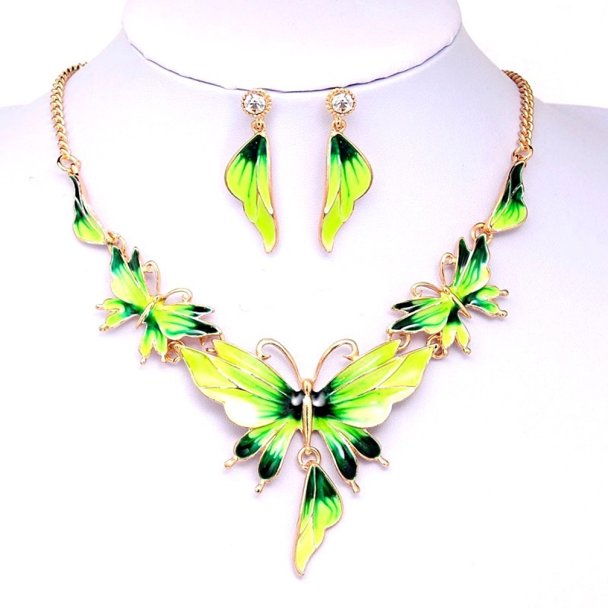 Parure femme bijoux dorée - Papillon émail vert anis