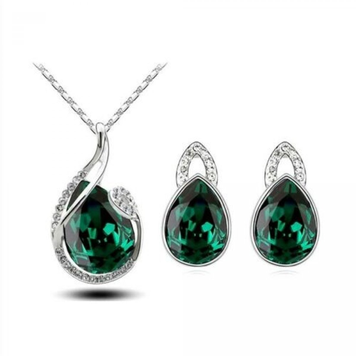 Parure bijoux argenté - Cristal clair et vert emeraude