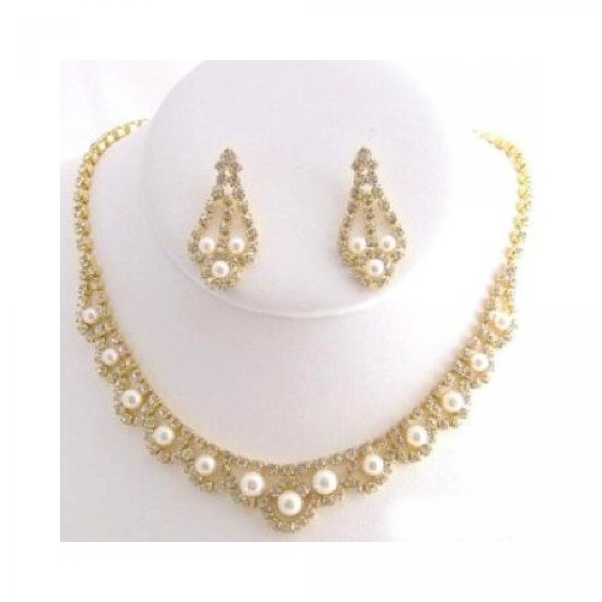Parure mariée bijoux dorée - Perles blanches et cristal clair