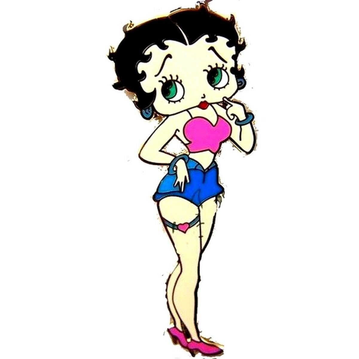 Broche plaqué or Betty Boop mini short bleu et haut rose- Email Laqué 