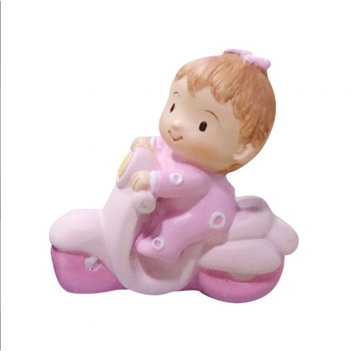 Sujet figurine baptême en résine bébé fille sur scooter rose