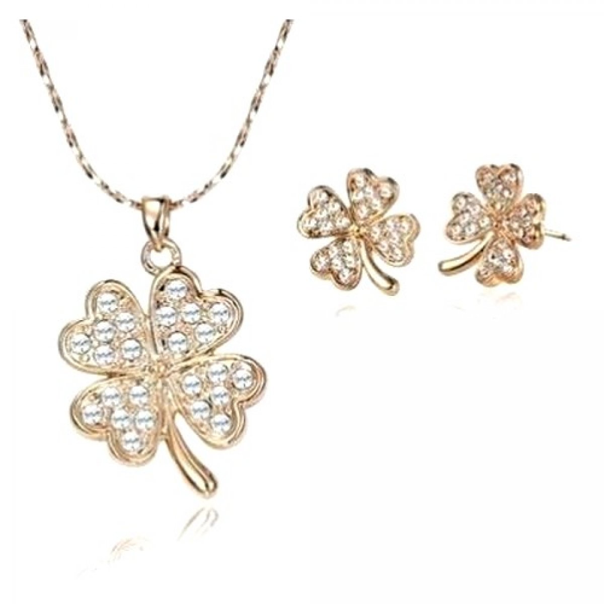 Parure bijoux femme - Trèfle 4 feuilles - Plaqué rhodié ton or et cristal clair 
