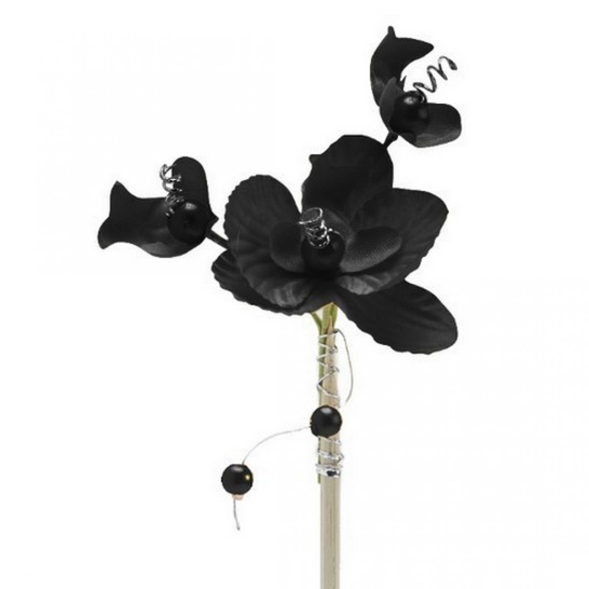 Lot de 4 orchidées - Fleurs en tissus et perle noir sur pique 25 cm