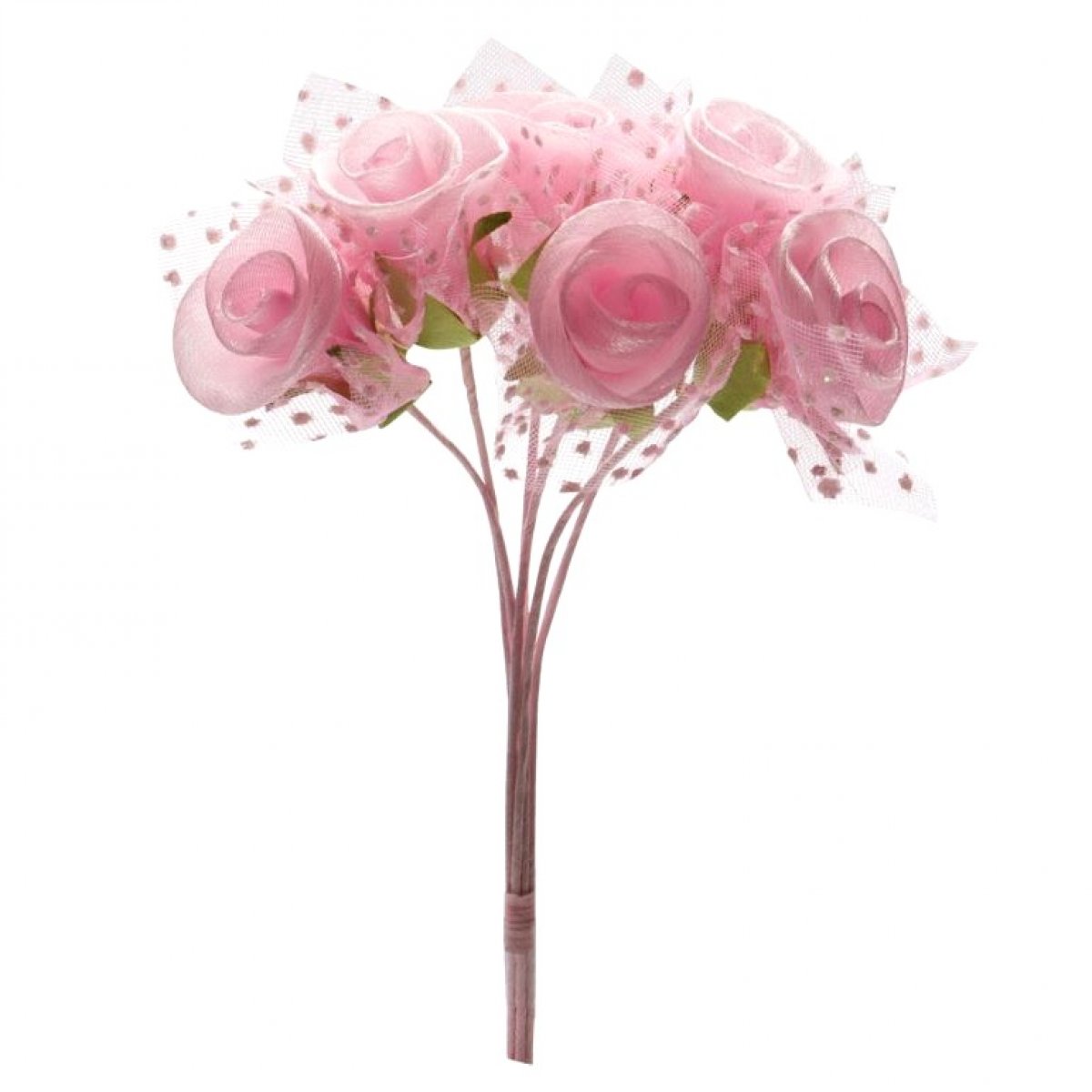 Bouquet de 12 fleurs et tulle à pois rose 12 cm