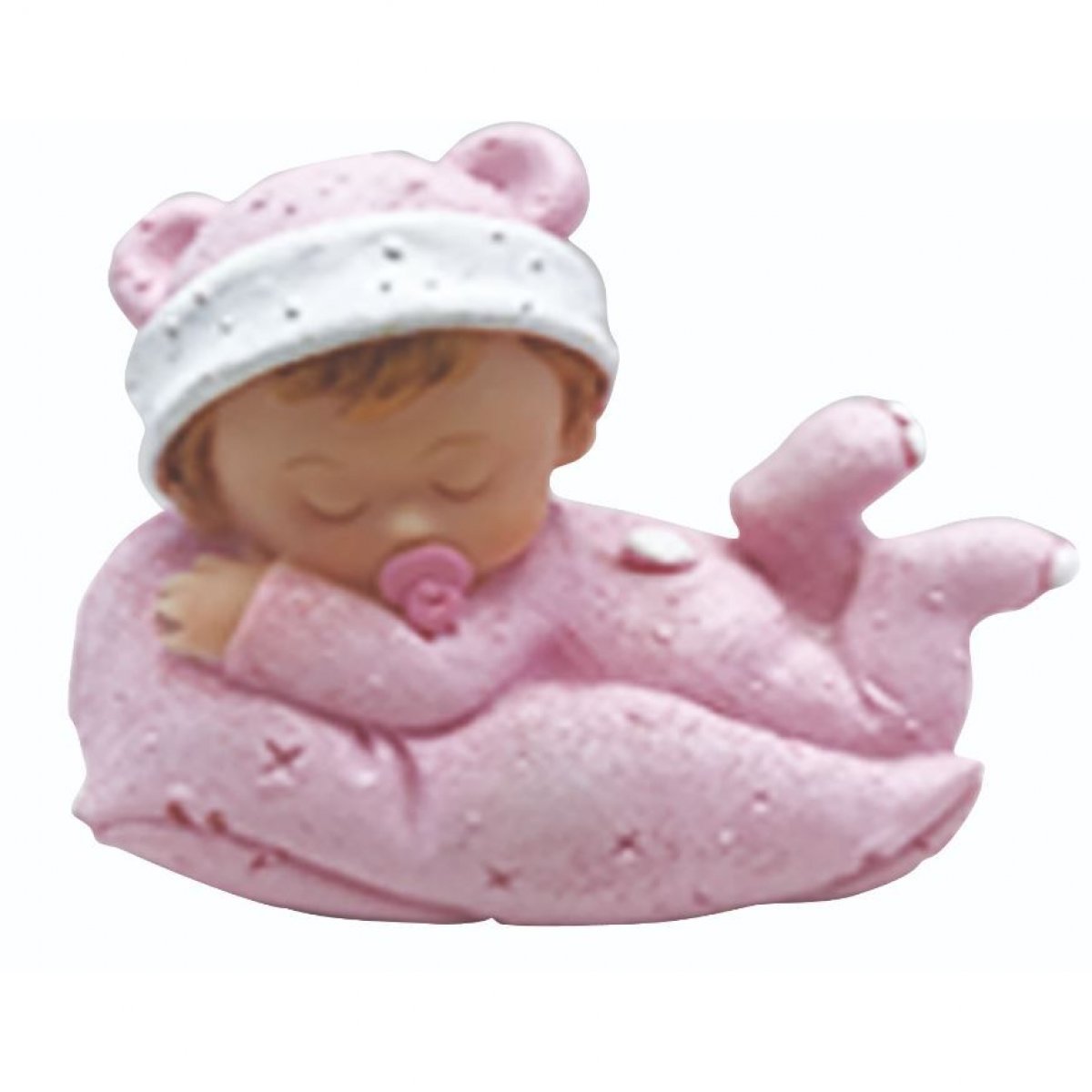 Figurine Bébé fille  sur coussin rose : 7,6 x 6 cm