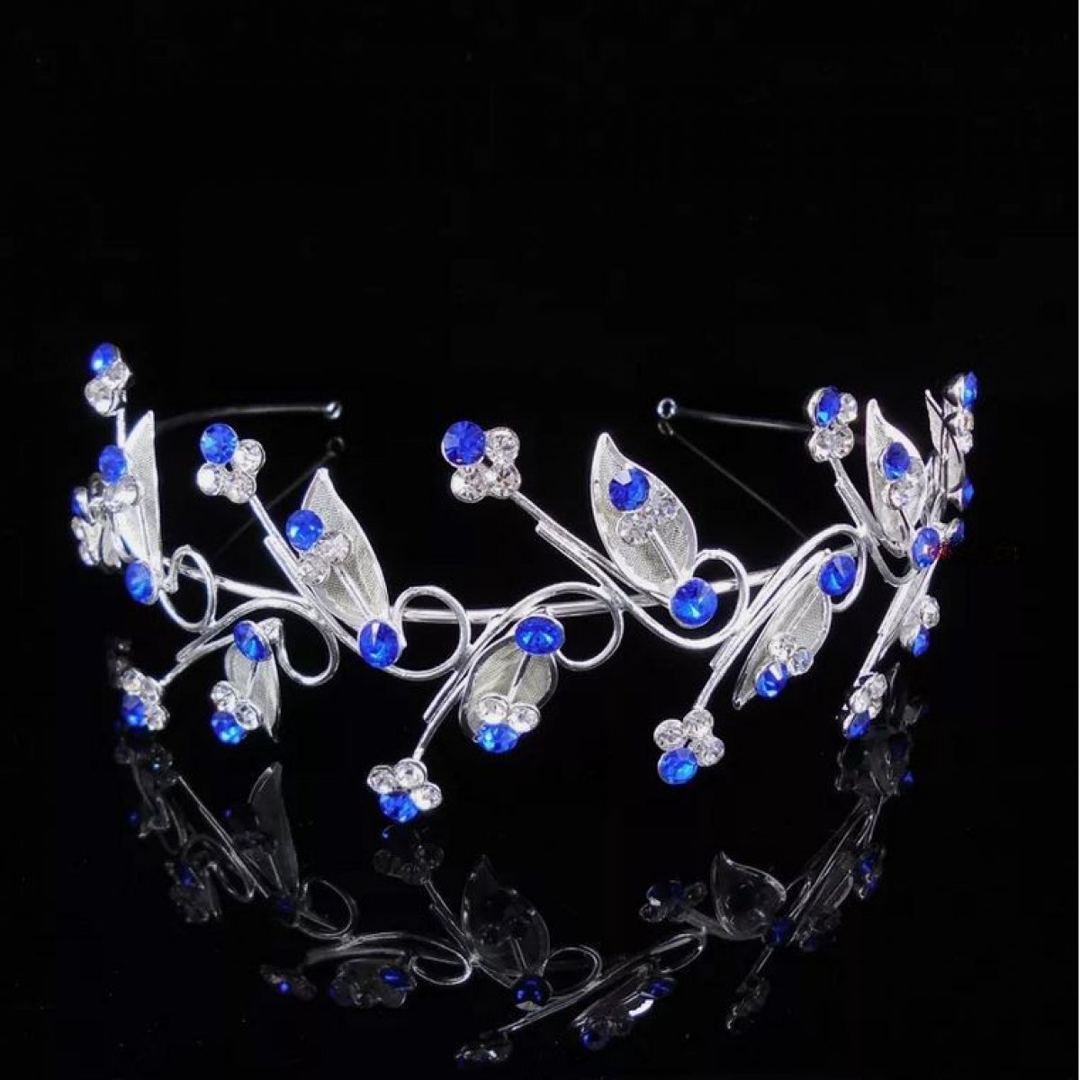 Serre Tête argenté diademe mariage cristal bleu marine