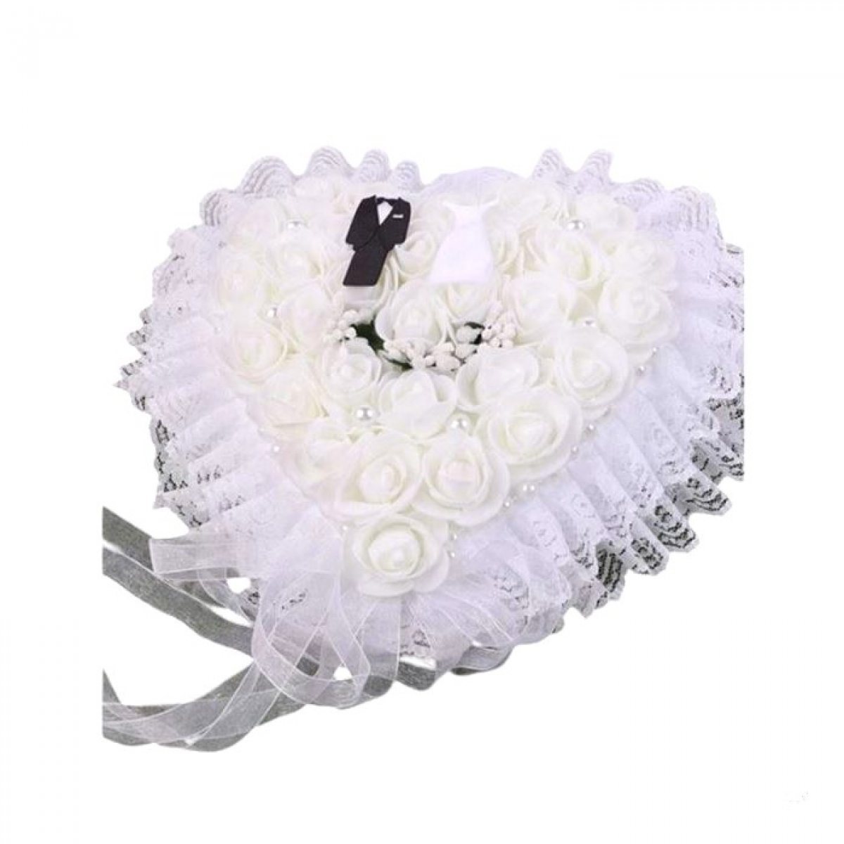 Coussin porte-alliance coeur en dentelle blanche 