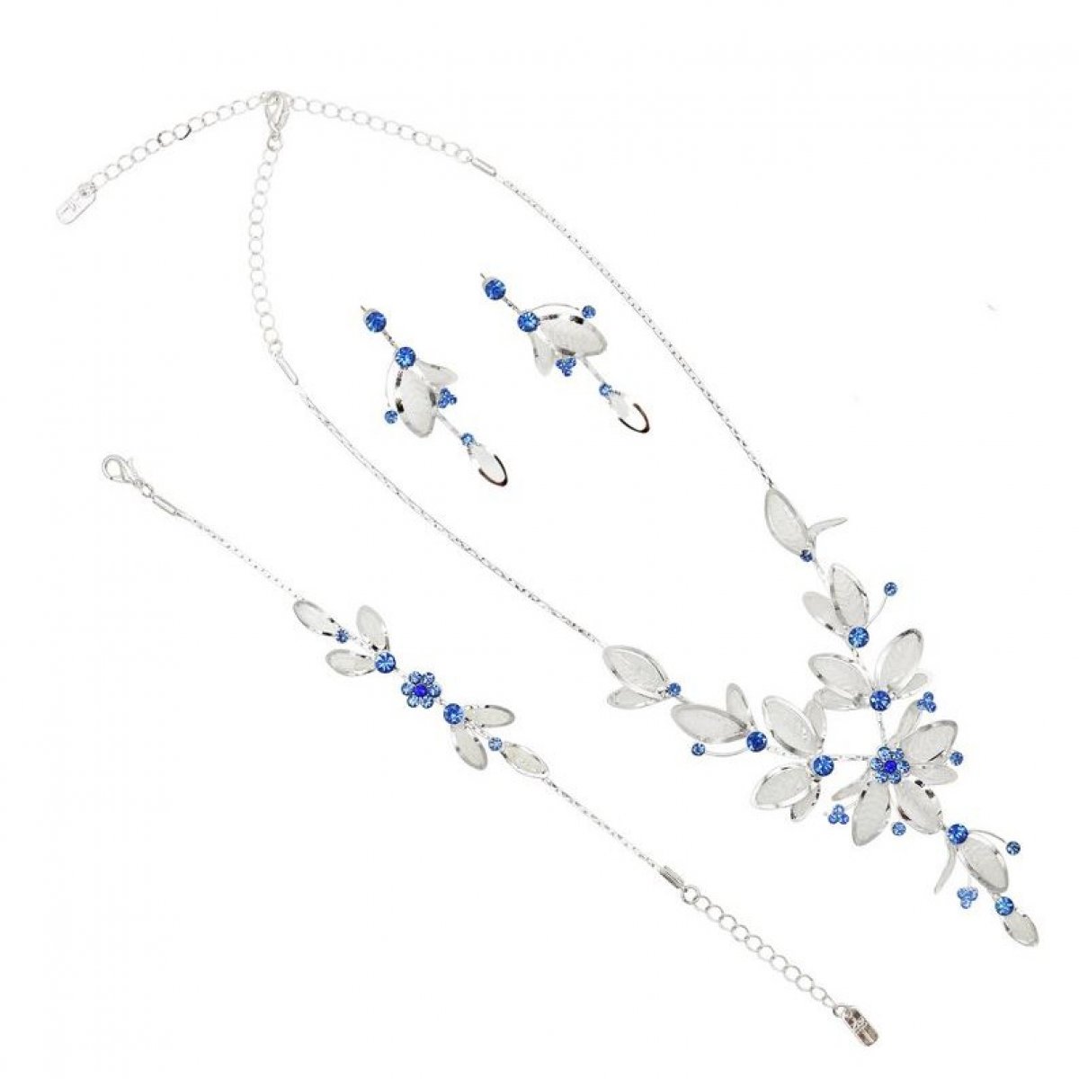 Parure Bijoux Ton Argent Cristal Bleu Royal (3 pièces)