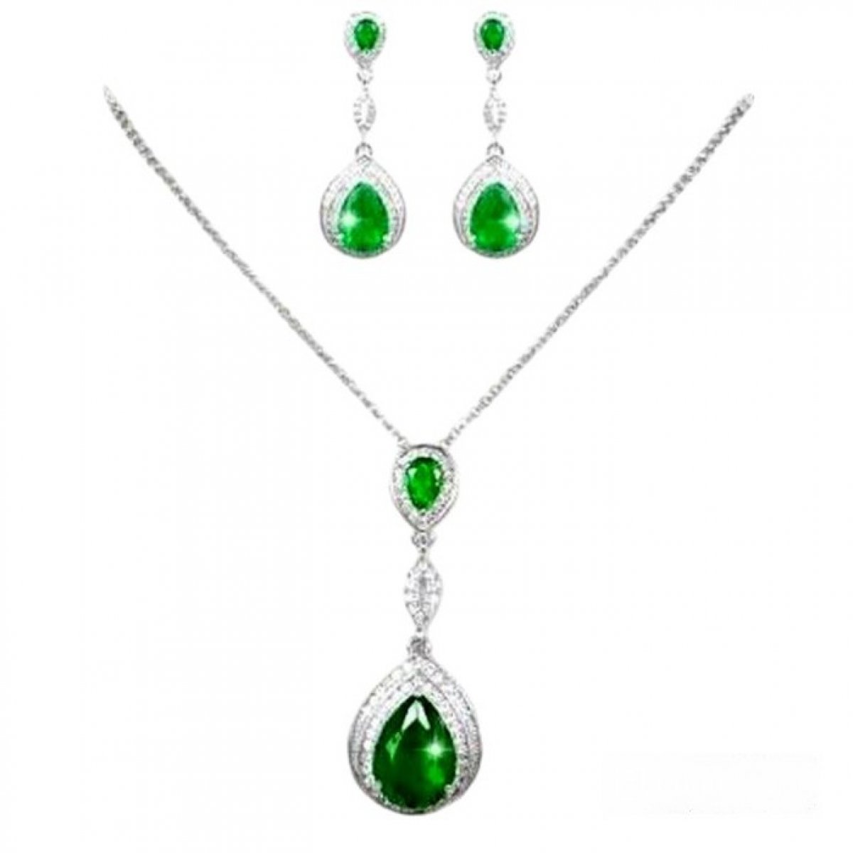 Parure mariée argent rhodié zircon vert emeraude cristal clair 