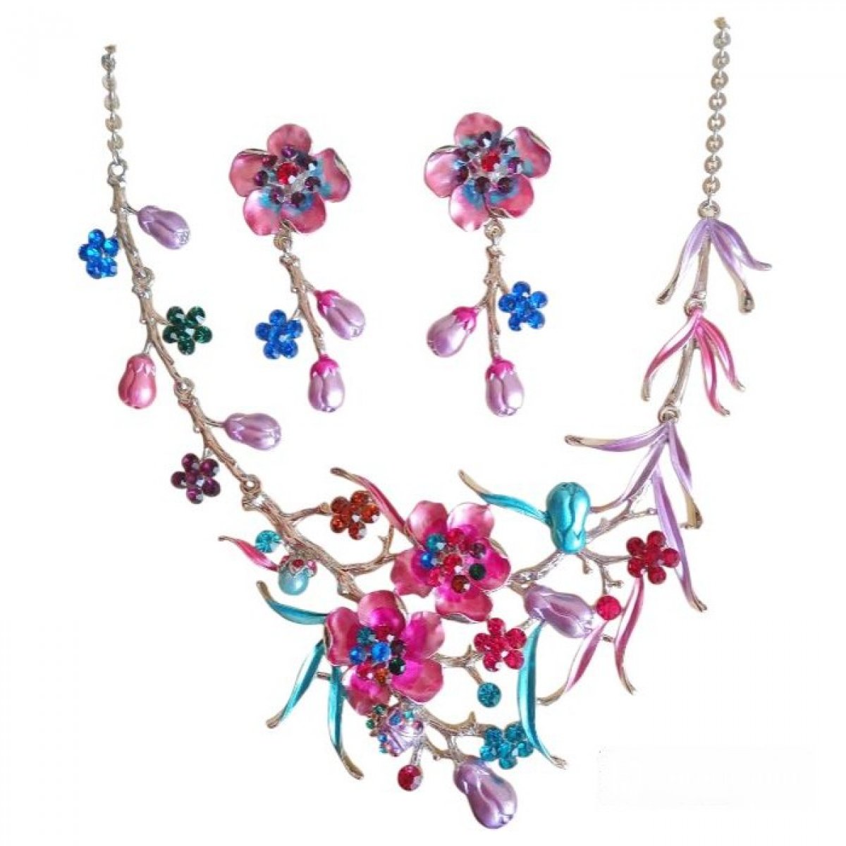 Collier et boucles doreille argentés florale et cristaux multicolores