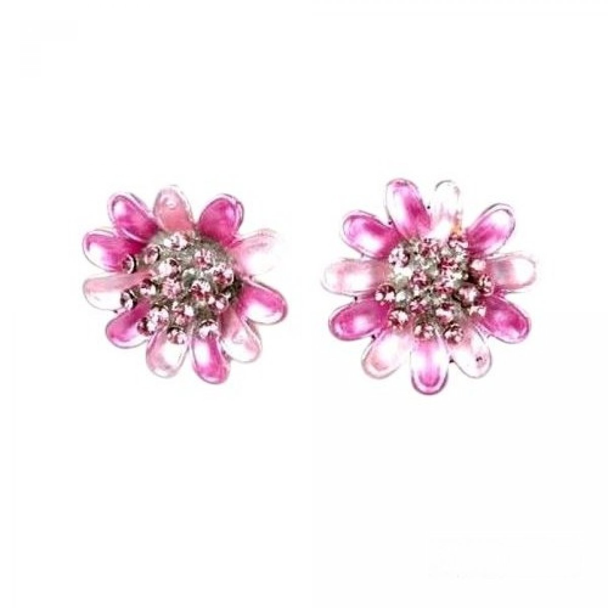 Boucles d'oreilles bijoux femme fleur émail rose cristal rose 