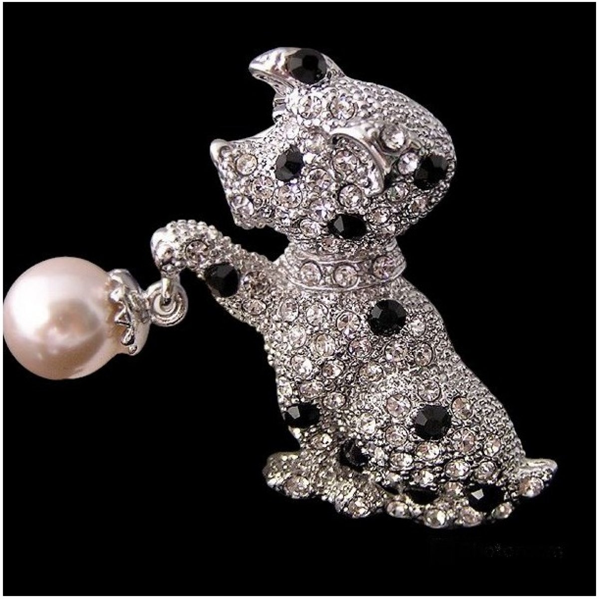 Broche chaton argent rhodié cristal clair et perle