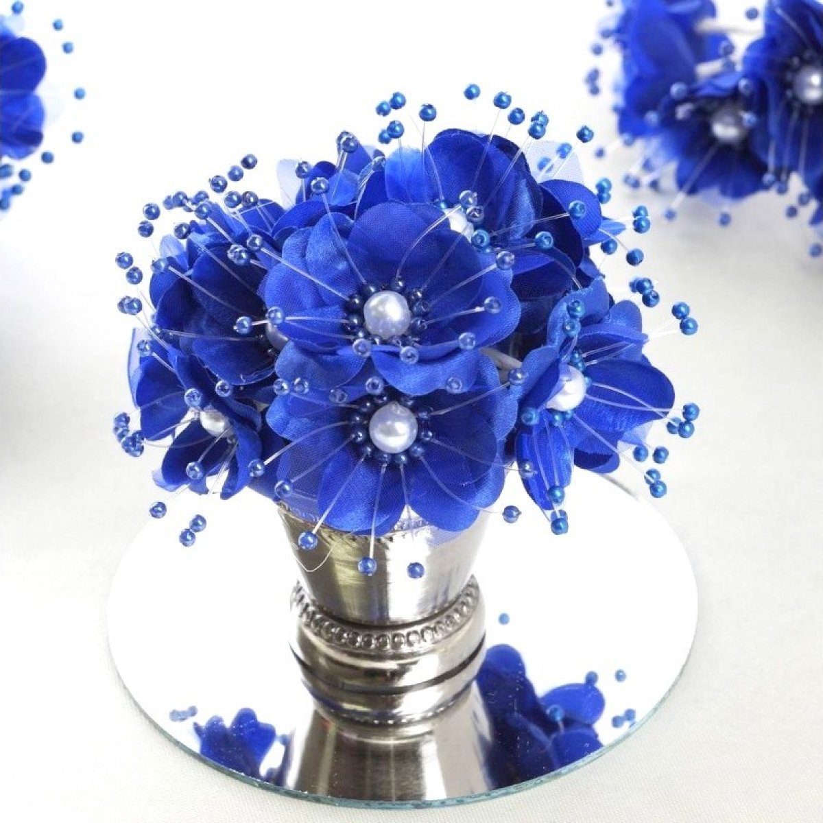 6 fleurs bleu marine avec perles montées sur tige métallique -  deco-dragees-fete.fr