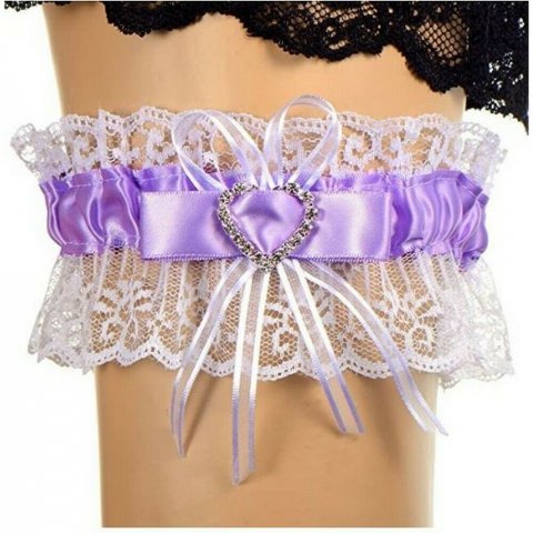 Jarretière mariage - Coeur strass - Dentelle blanche satin violet