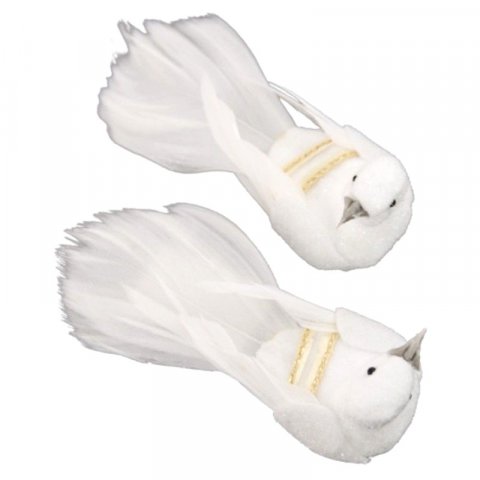  2 Colombes sur pince 6,5cm -  Blanche & Or