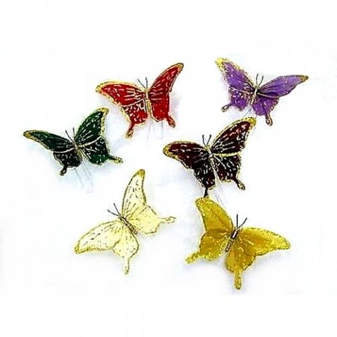 12 Papillons plume multicolore sur tige 15 cm