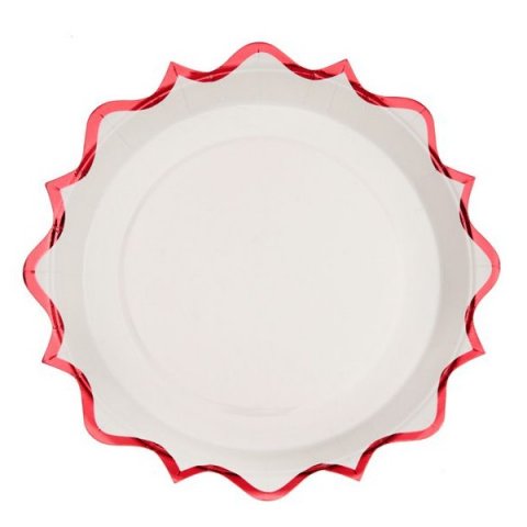 10 assiettes blanches festonnés rouge 17,5cm 