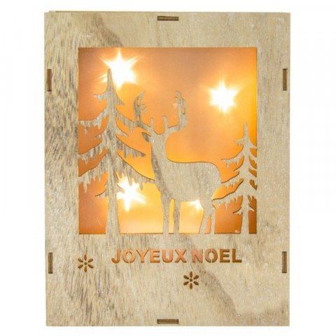 Tableau lumineux Noël en bois avec leds - Forêt et Renne 23cm