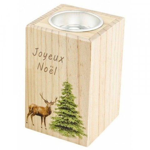 Bougeoir en bois Faon et Sapin Joyeux Noël 10cm