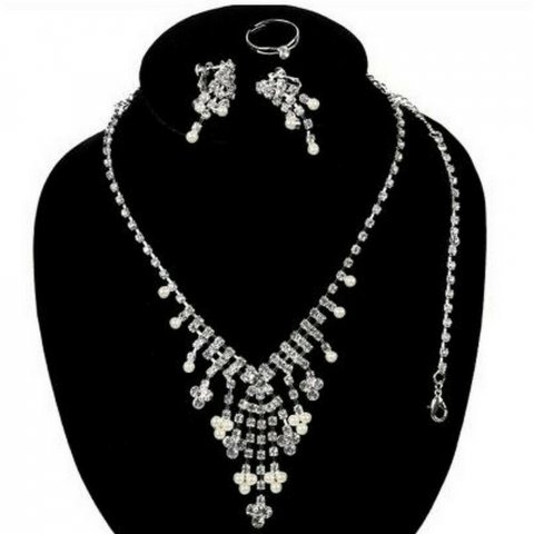 Ensemble 4 pièces collier, boucles, bague, bracelet pour mariage cristal clair et perles