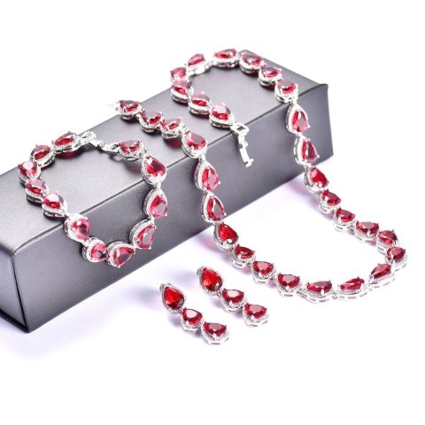 Ensemble bijoux 3 pièces collier, bracelet et boucles cristal rouge