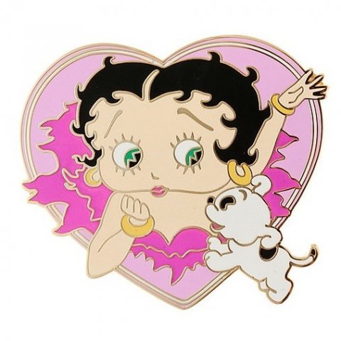 Broche plaqué or Betty Boop coeur et son chien - Email Laqué