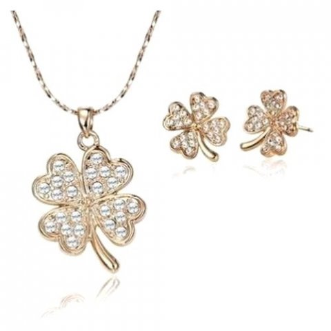 Parure de bijoux trèfle doré - collier et boucles d’oreille strass clairs