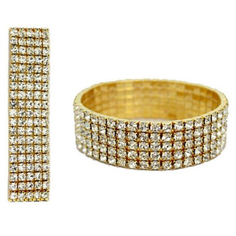 Bracelet extensible or avec 5 rangées de cristaux clairs