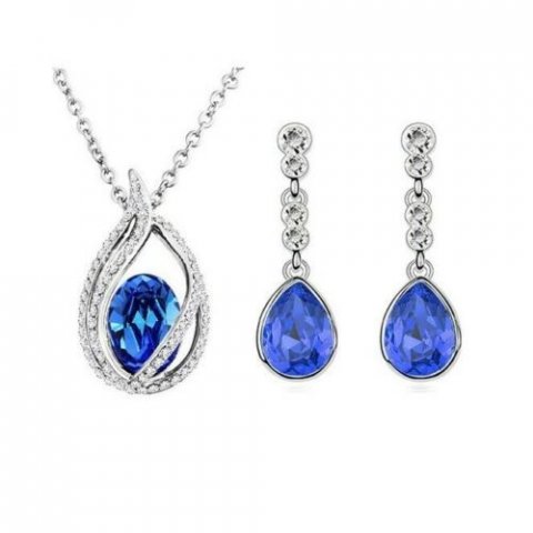 Parure bijoux pas chers en métal rhodié argenté avec cristaux bleu royal