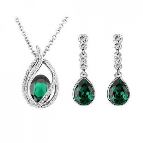 Parure bijoux métal rhodié argenté et cristaux vert émeraude