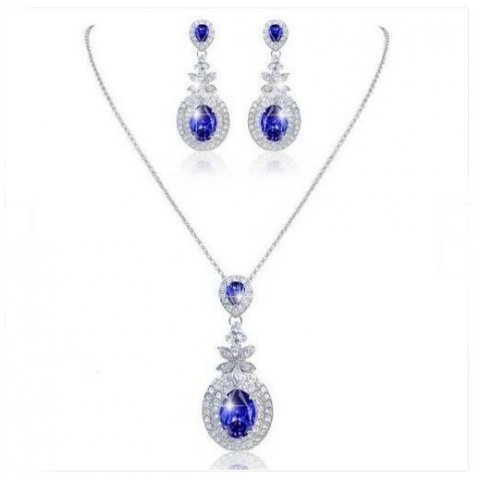 Parure bijoux de mariage - Goutte bleu royal et cristal clair 
