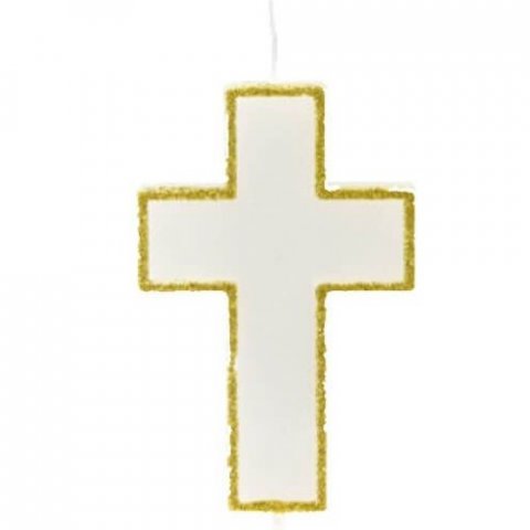 Bougie communion en forme de croix pailletée or