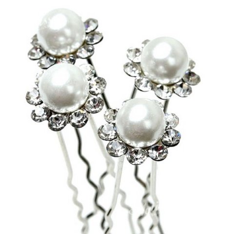 Epingles cheveux mariage perles blanches et cristal clair x 4 