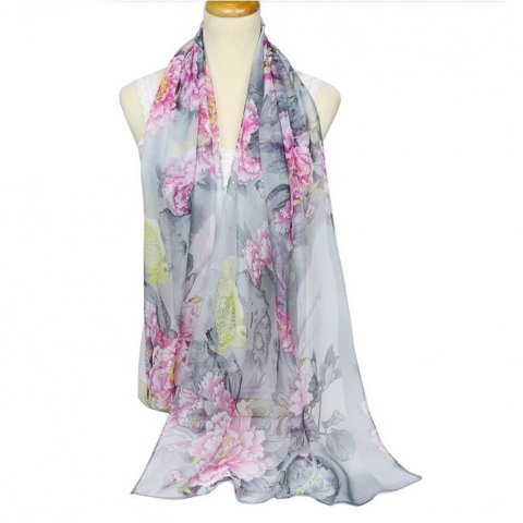 Étole de mariage grise foulard rose imprimé fleurs et oiseaux