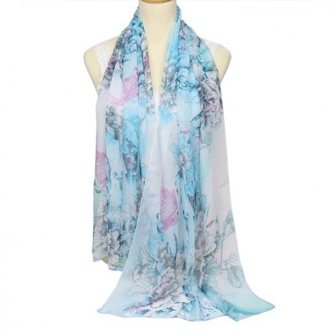 Étole de mariage bleu ciel foulard imprimé fleurs mauve