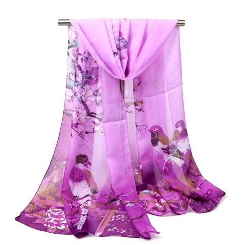 Étole de mariage fleurs foulard imprimé oiseaux violet mauve