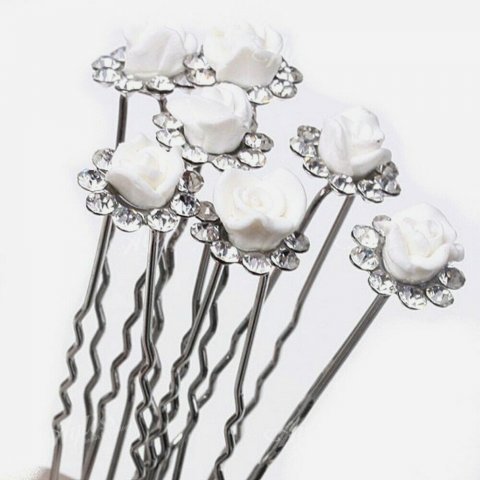 6 épingles argentées pics à cheveux mariage rose blanche et cristal clair