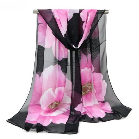 Écharpe longue en polyester mousseline de soie rose et noir