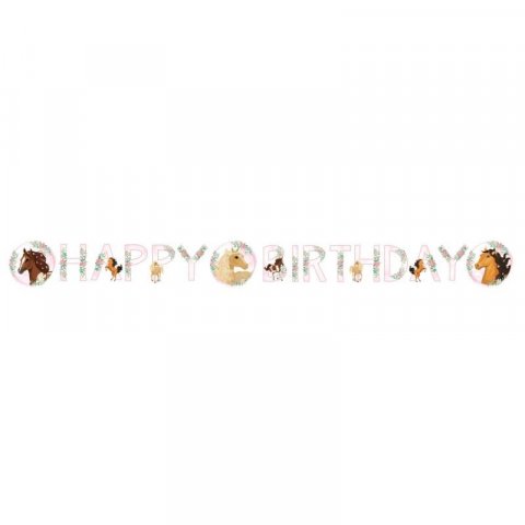 Banderole happy birthday en carton avec médaillon cheval 140 x 15cm