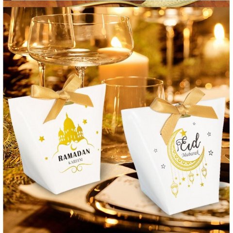 5 Boîtes à dragées en carton blanc Eid Mubarak ou Ramadan Kareem