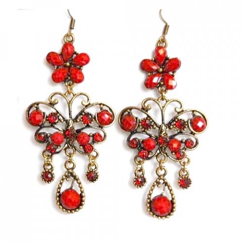 Boucles d’oreilles chandelier - Papillon perle et strass rouge