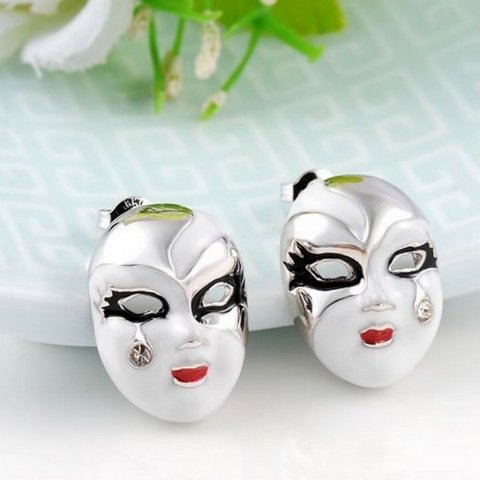 Boucles d’oreille femme - Masque du Pierrot – métal rhodié argent et email peint