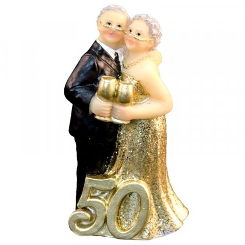 Figurine couple de mariés noces d’or verres dans la main