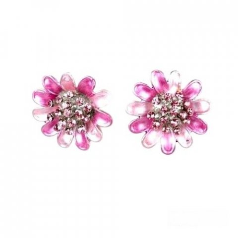 Boucles d'oreilles bijoux femme fleur émail rose cristal rose 