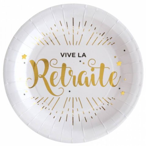 Assiettes  Vive la Retraite  - blanc et or -x 10 pièces